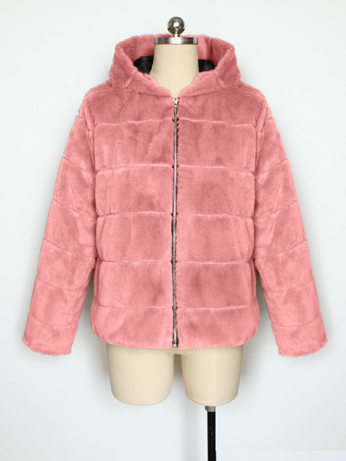 Hooded Faux Fur Zip Up Jacket - Pink