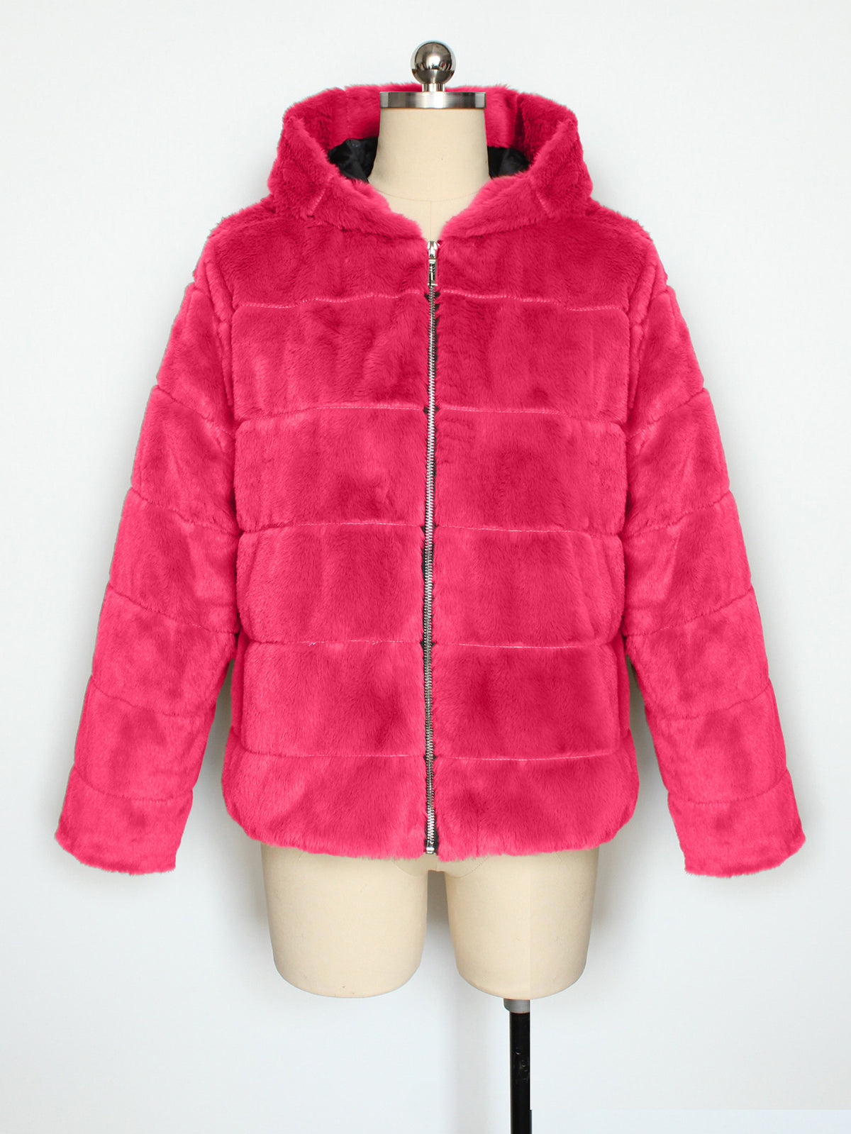 Hooded Faux Fur Zip Up Jacket - Rosered