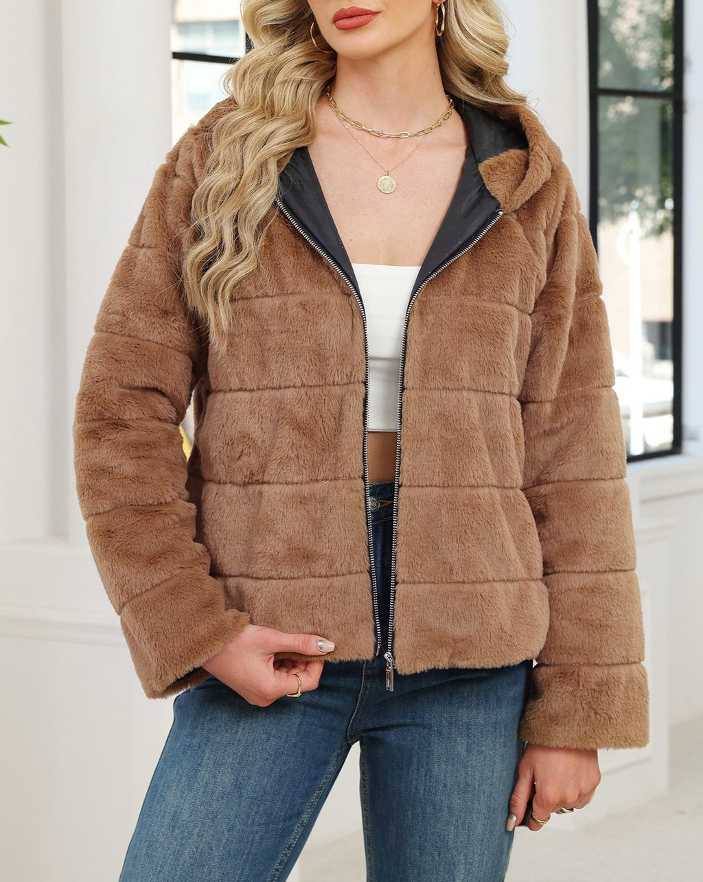 Hooded Faux Fur Zip Up Jacket
