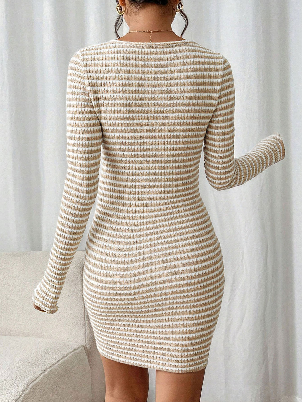 Striped Rib Knit Long Sleeve Mini Dress - Apricot - 1
