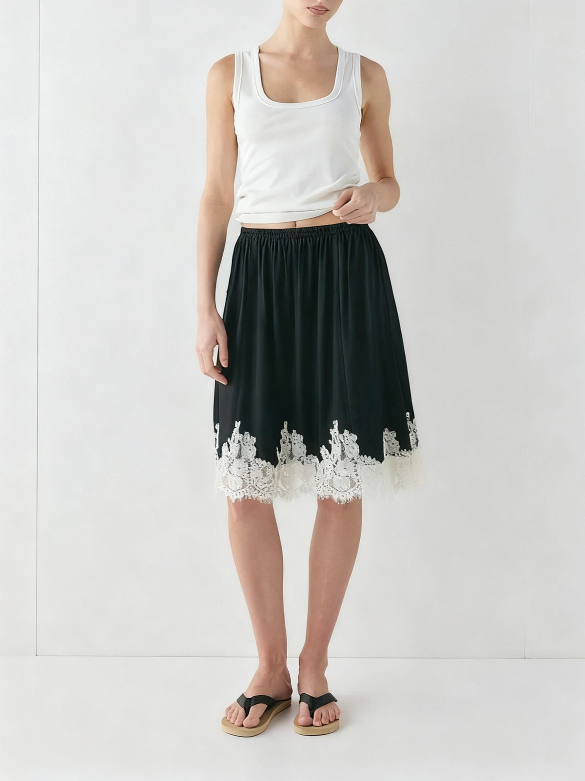 Lace Hem Flowy Satin Midi Skirt - Black - 1