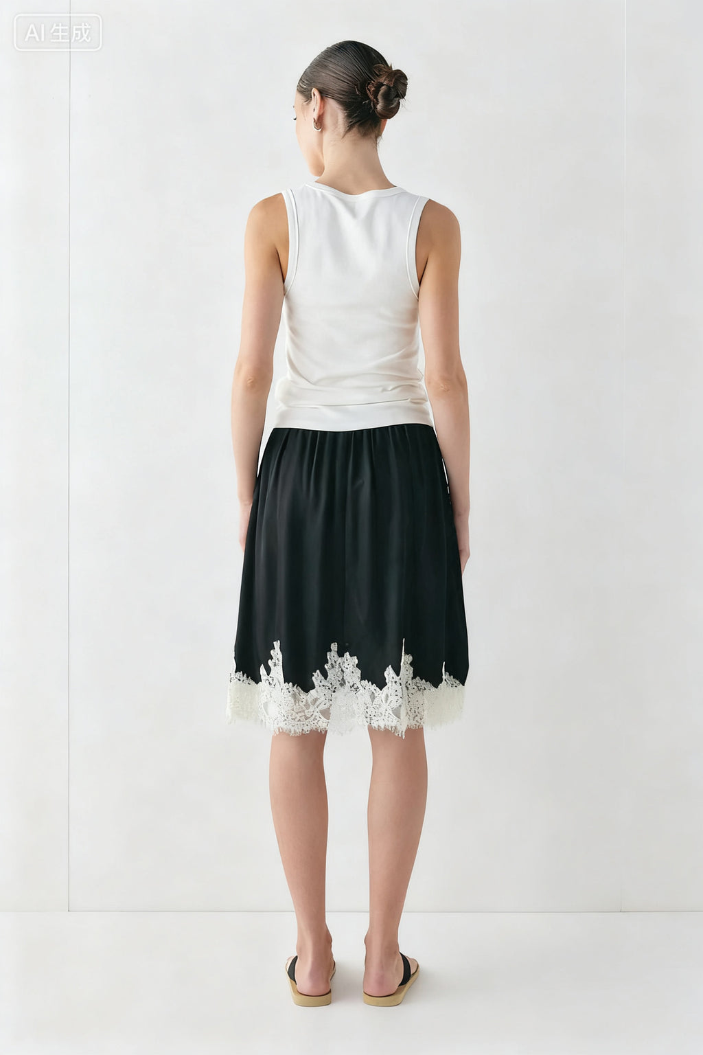 Lace Hem Flowy Satin Midi Skirt - Black - 2