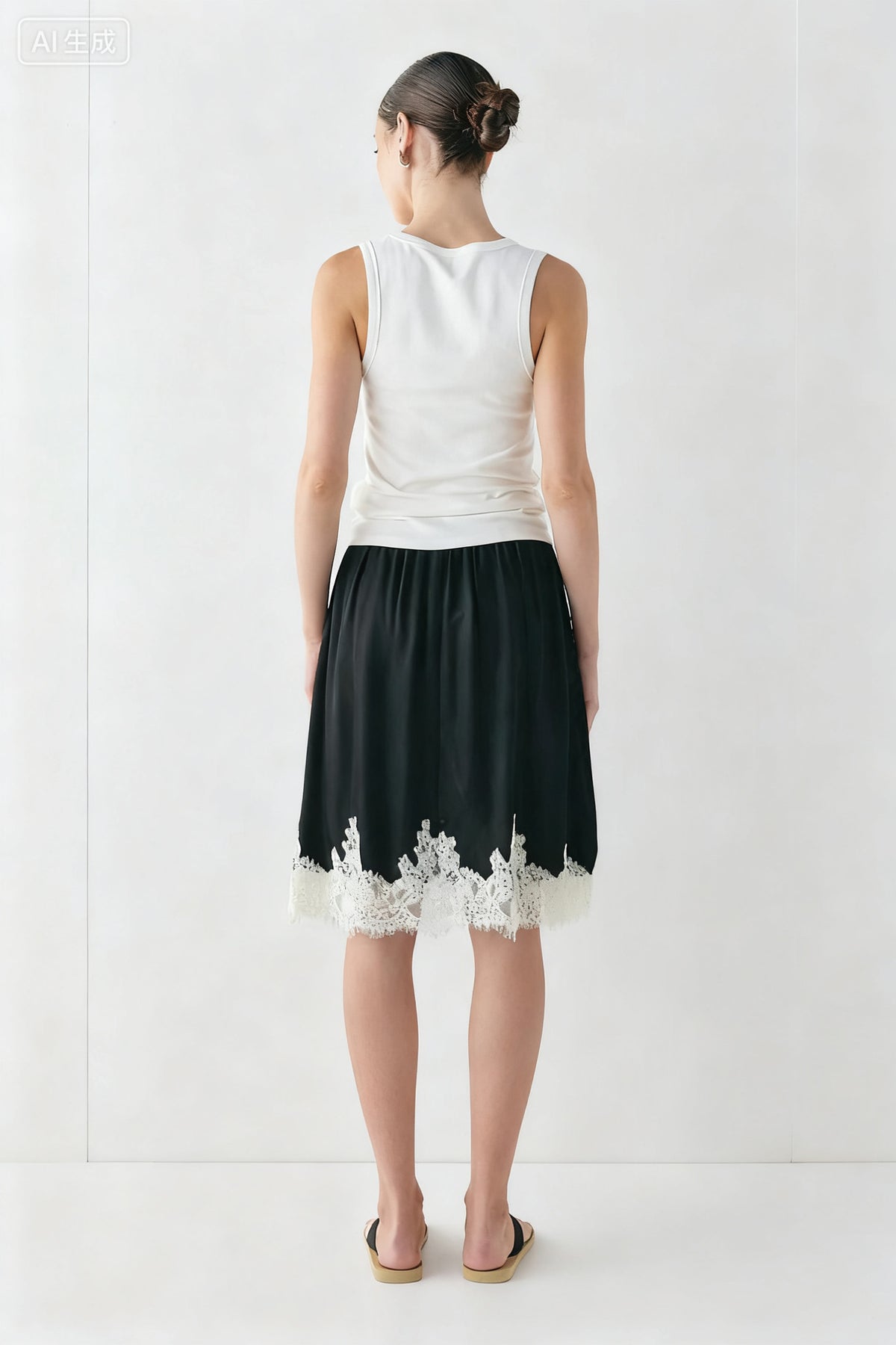 Lace Hem Flowy Satin Midi Skirt - Black - 2