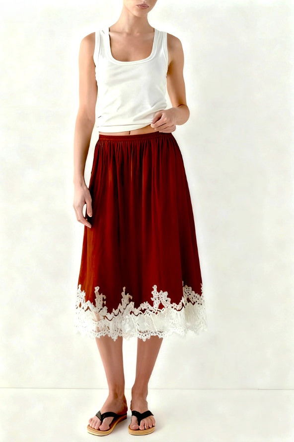 Lace Hem Flowy Satin Midi Skirt - Burgundy