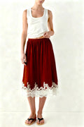 Lace Hem Flowy Satin Midi Skirt - Burgundy