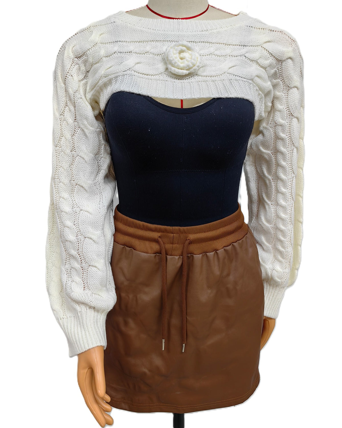 Rosette Super Cropped Cable Knit Shrug Top - White - 1