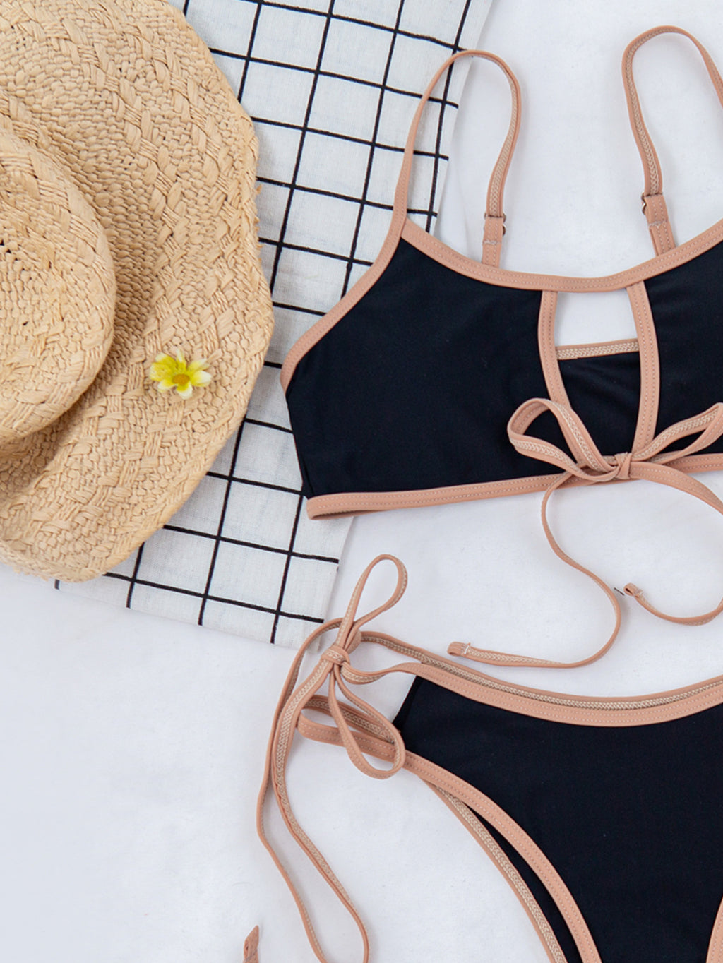 Contrast Binding Cutout Tie Bikini Set - Black - 2