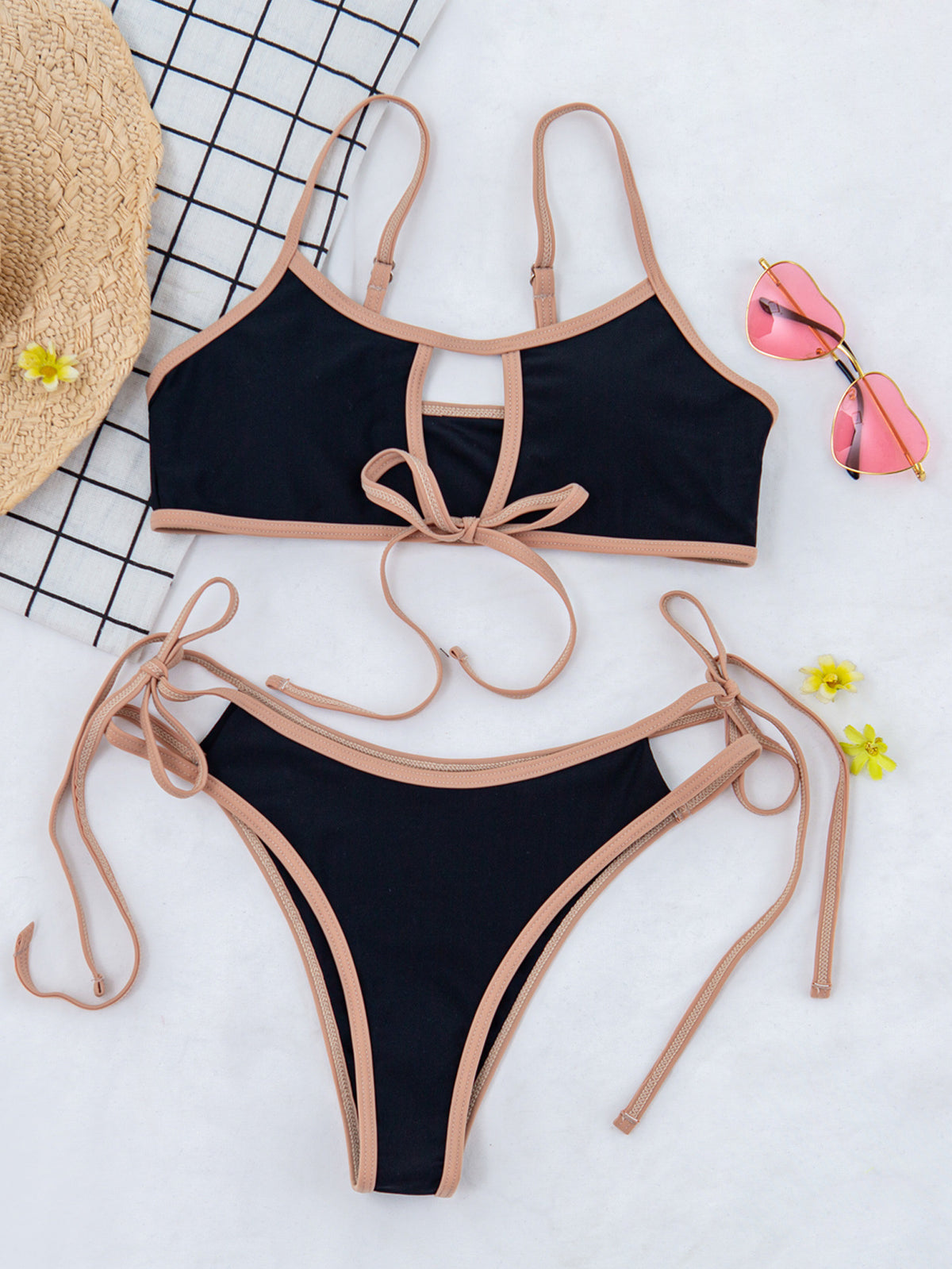 Contrast Binding Cutout Tie Bikini Set - Black - 3