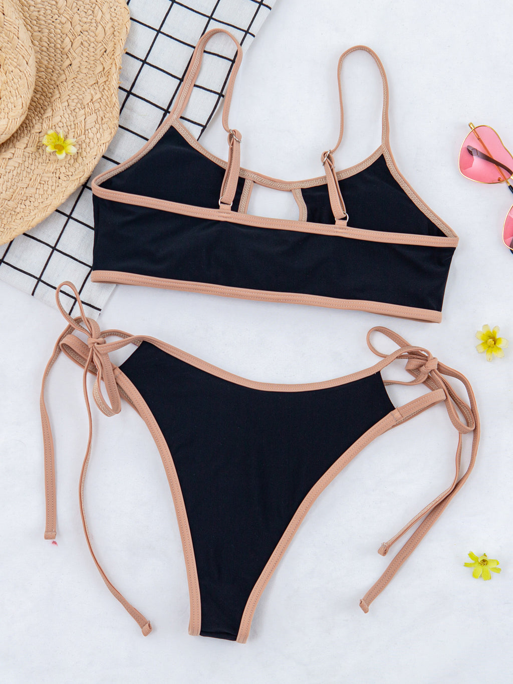 Contrast Binding Cutout Tie Bikini Set - Black - 4