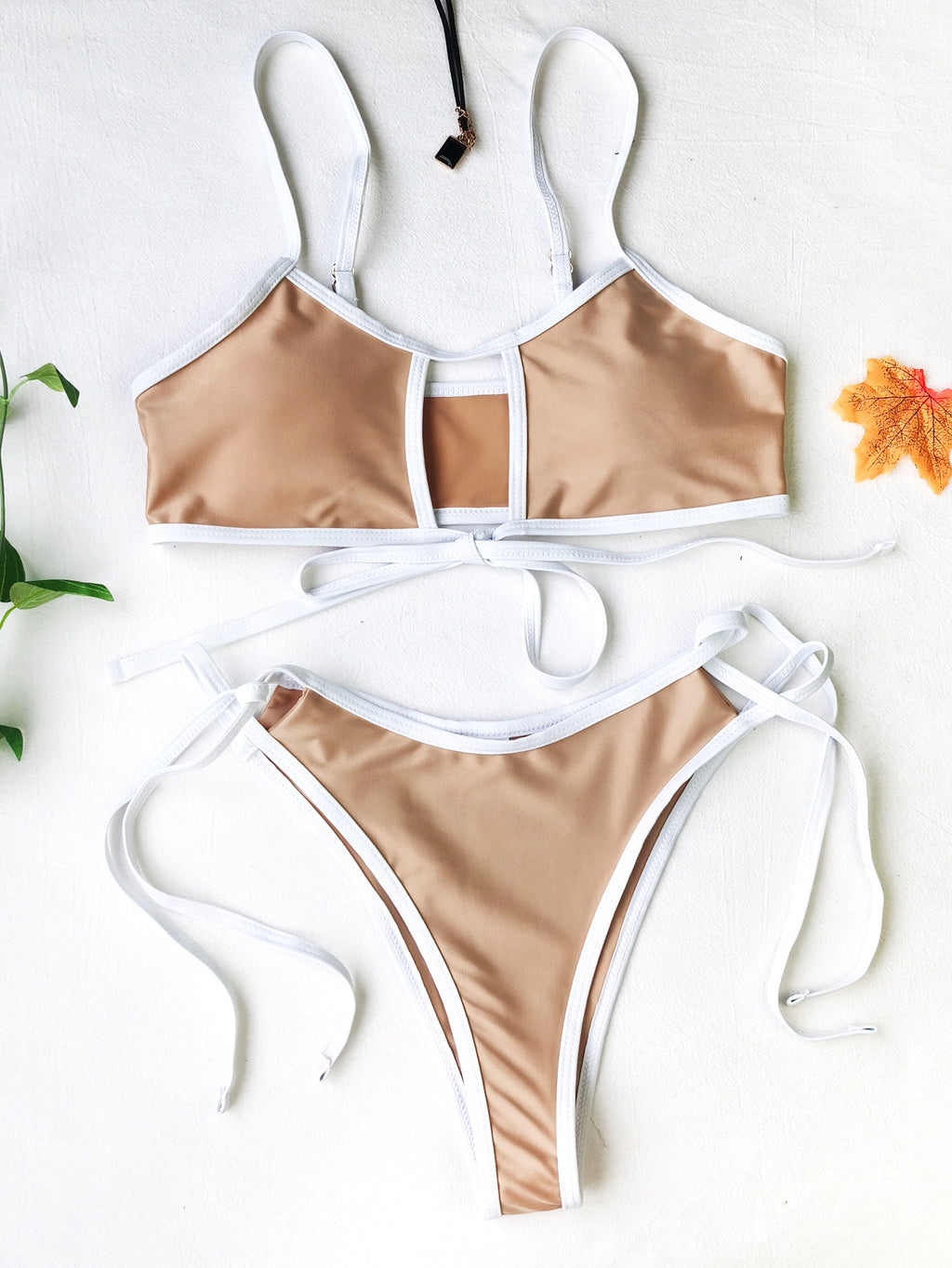 Contrast Binding Cutout Tie Bikini Set - Khaki - 3