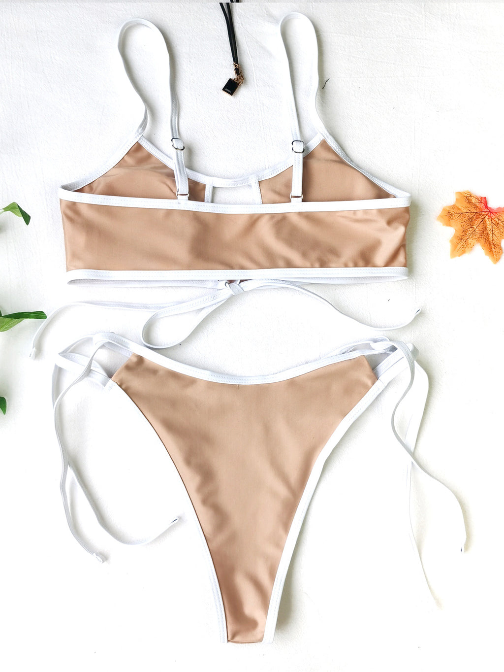 Contrast Binding Cutout Tie Bikini Set - Khaki - 4