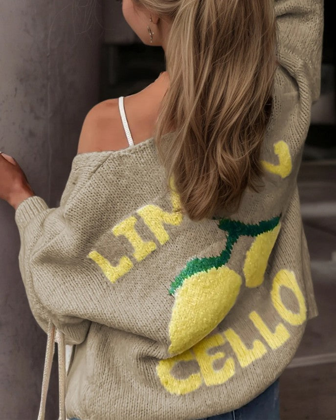 Fuzzy Lemon Motif Button Front Cardigan - Khaki