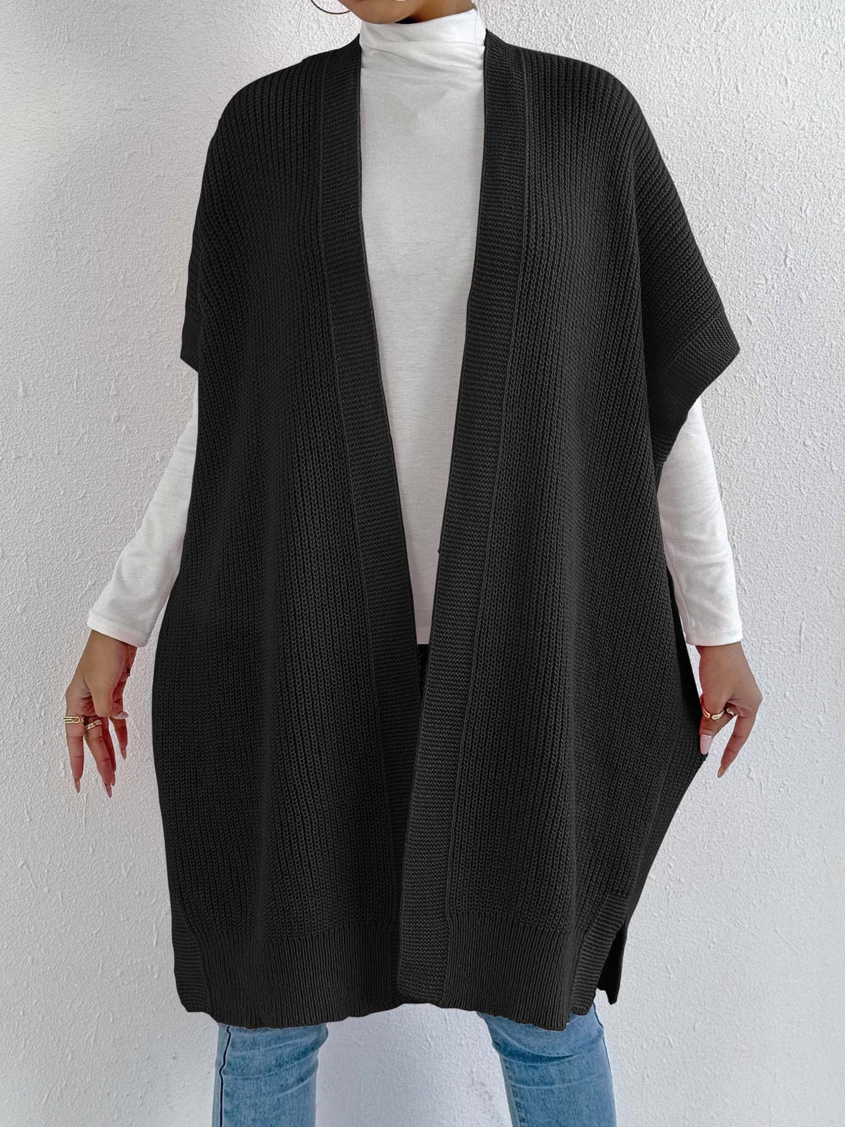 Open Front Longline Ribbed Duster Cardigan - Black