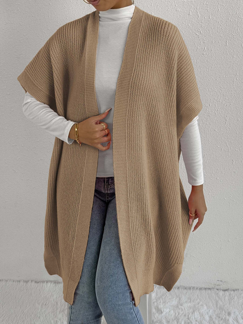 Open Front Longline Ribbed Duster Cardigan - Camel