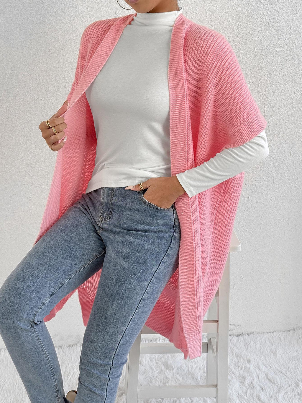 Open Front Longline Ribbed Duster Cardigan - Pink