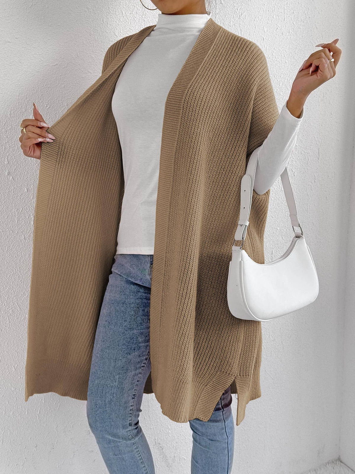 Open Front Longline Ribbed Duster Cardigan