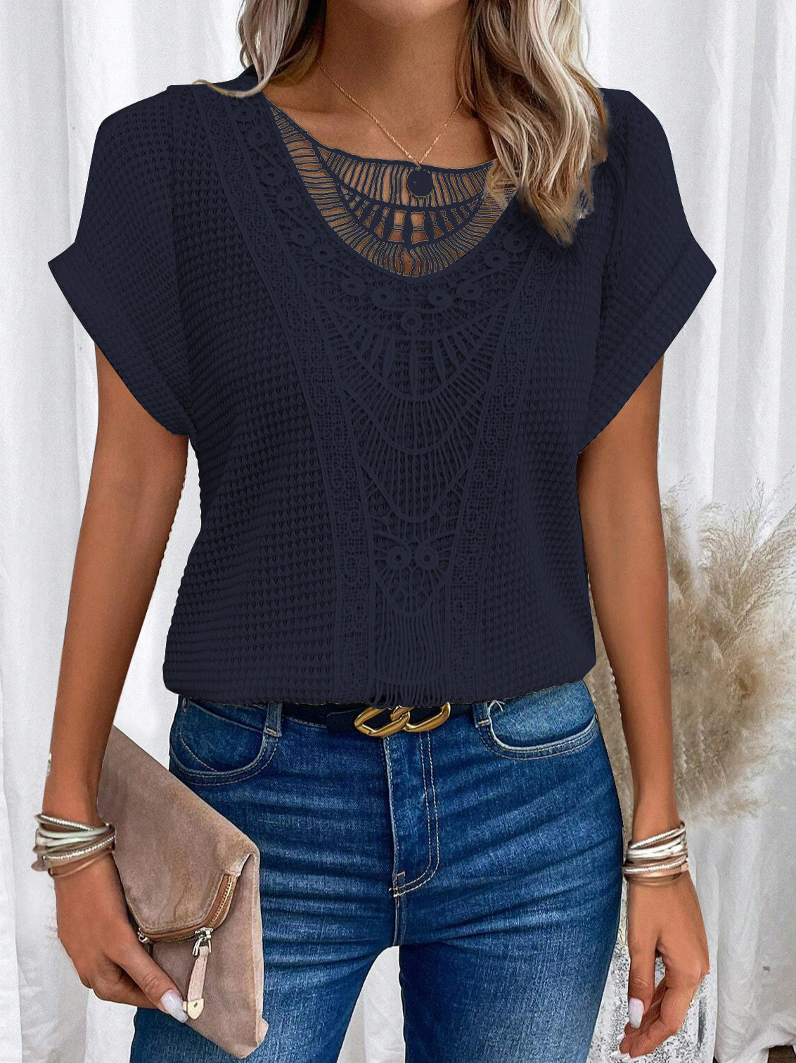 Lace Panel Waffle Knit Dolman Top - Black