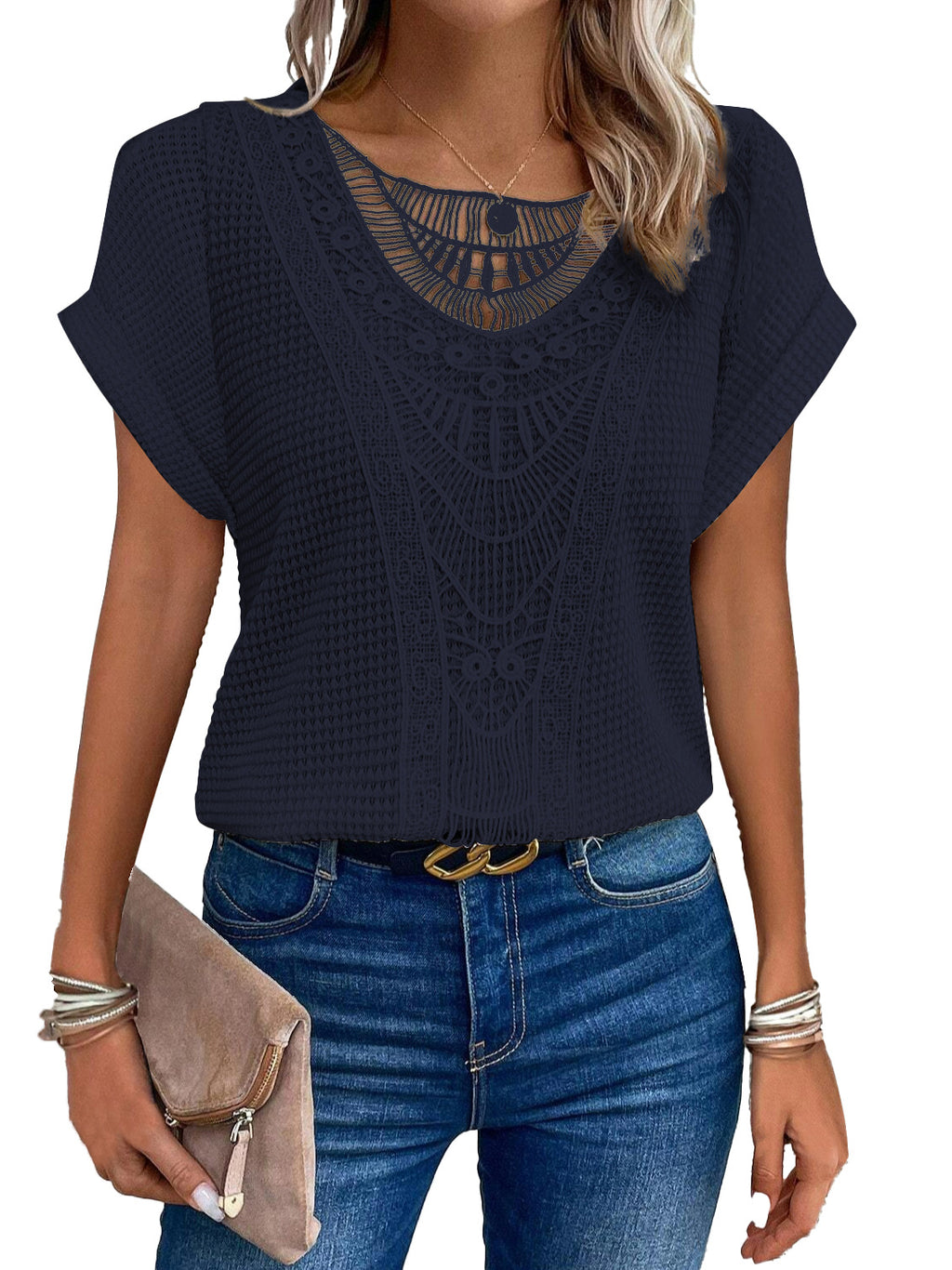 Lace Panel Waffle Knit Dolman Top - NavyBlue