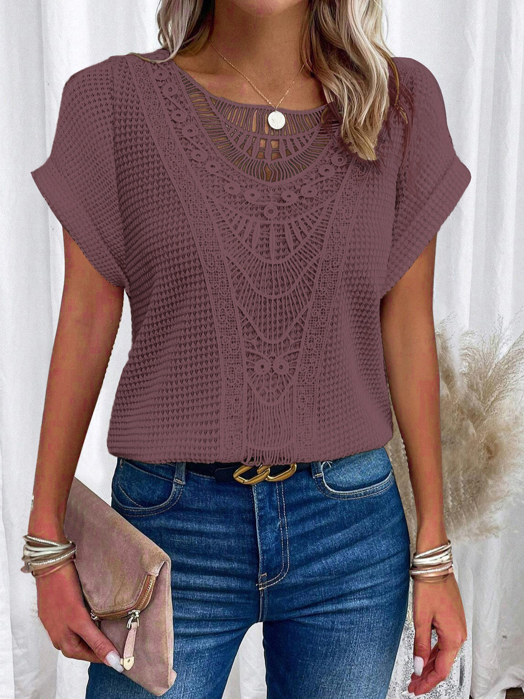 Lace Panel Waffle Knit Dolman Top - Purple