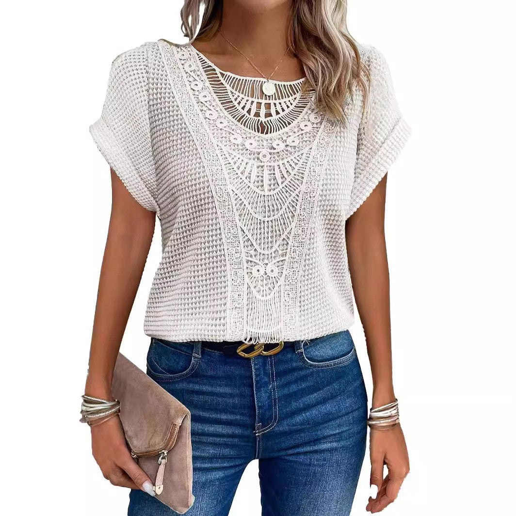 Lace Panel Waffle Knit Dolman Top - White