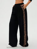 Leopard Trim Wide Leg Sweatpants With Pockets - Black