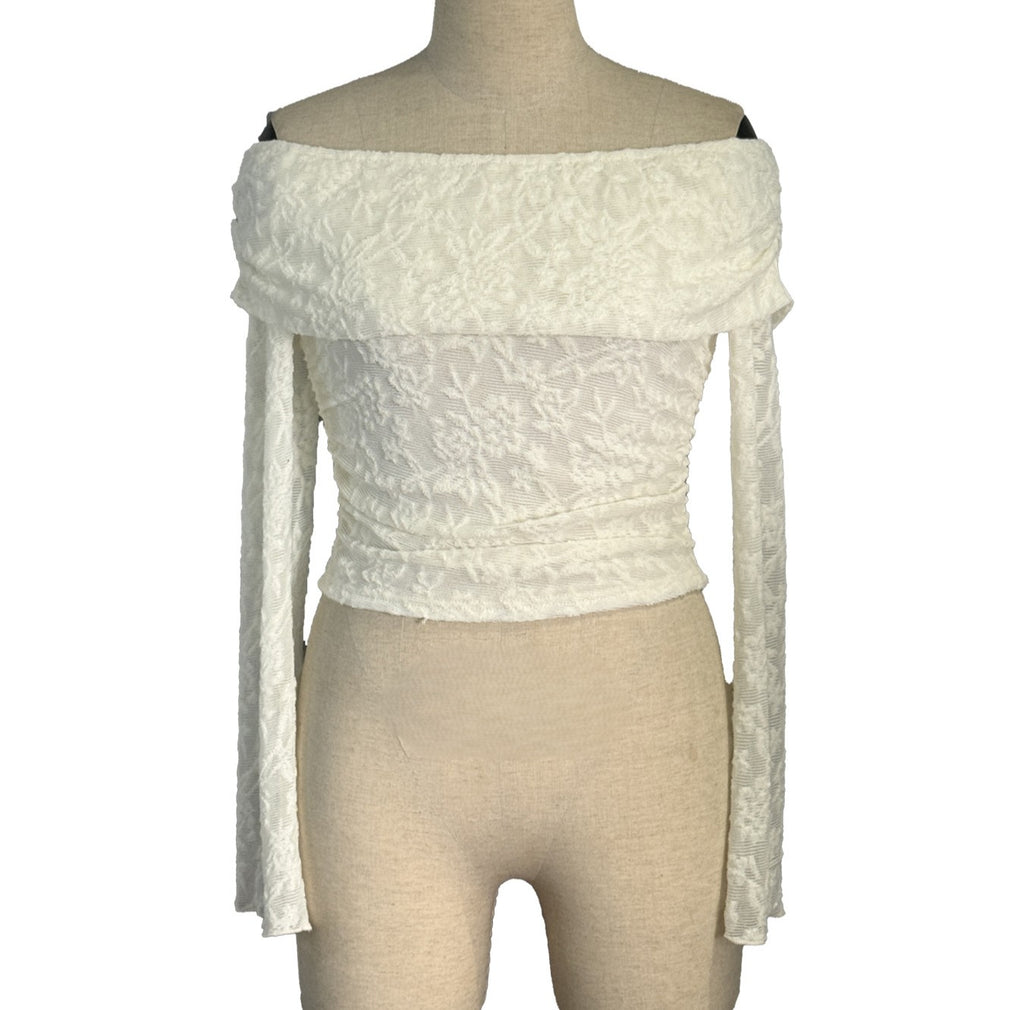 Textured Lace Off Shoulder Crop Blouse - White