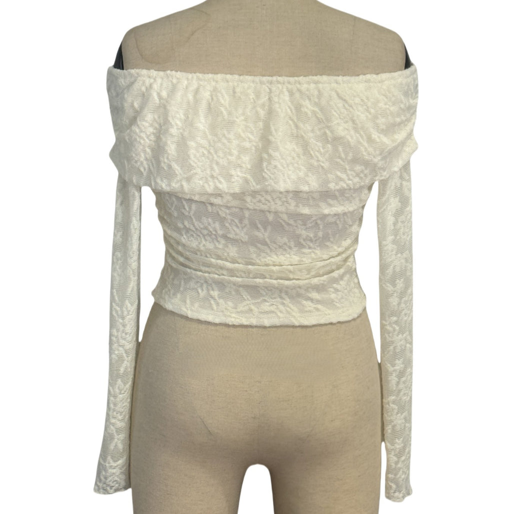 Textured Lace Off Shoulder Crop Blouse - White - 1