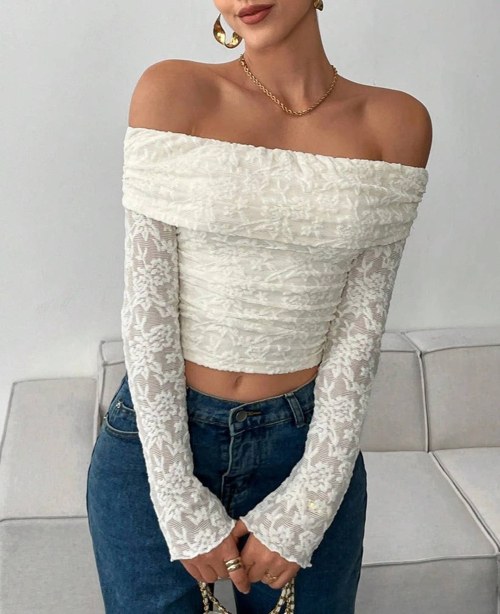 Textured Lace Off Shoulder Crop Blouse