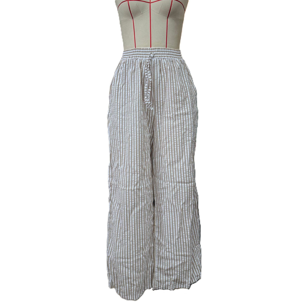 Striped Floral Drawstring Wide Leg Pants - Apricot