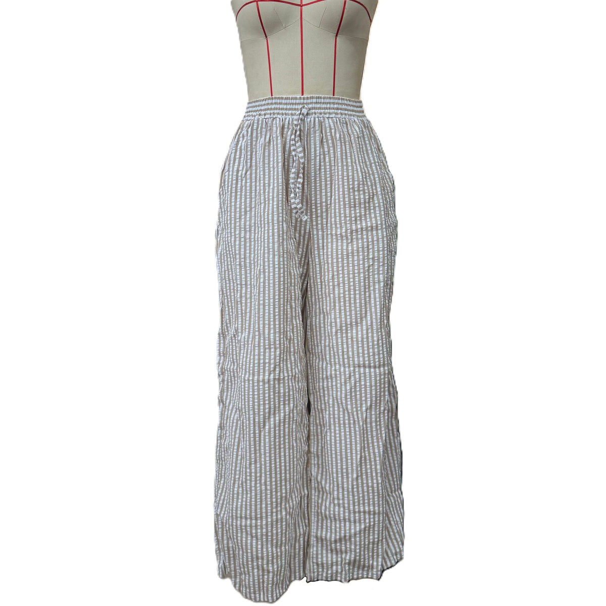 Striped Floral Drawstring Wide Leg Pants - Apricot
