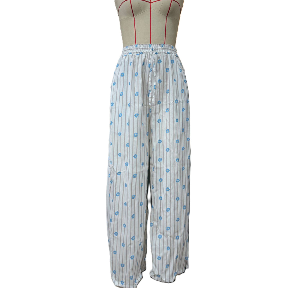 Striped Floral Drawstring Wide Leg Pants - Apricot-B