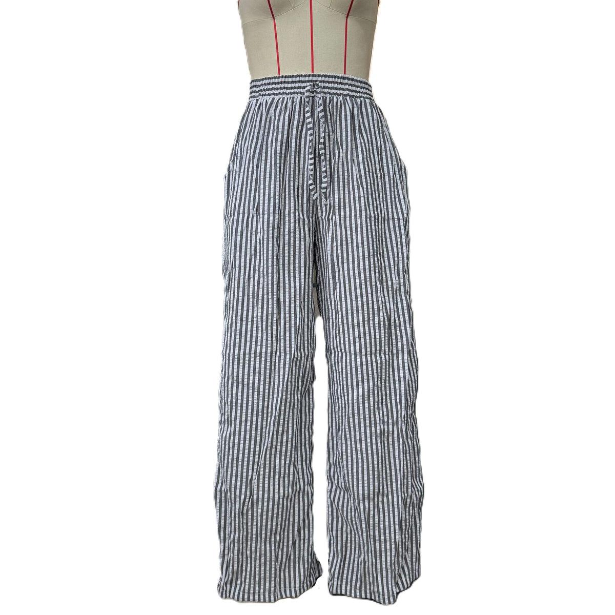 Striped Floral Drawstring Wide Leg Pants - Black