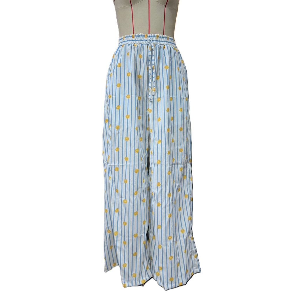 Striped Floral Drawstring Wide Leg Pants - Blue