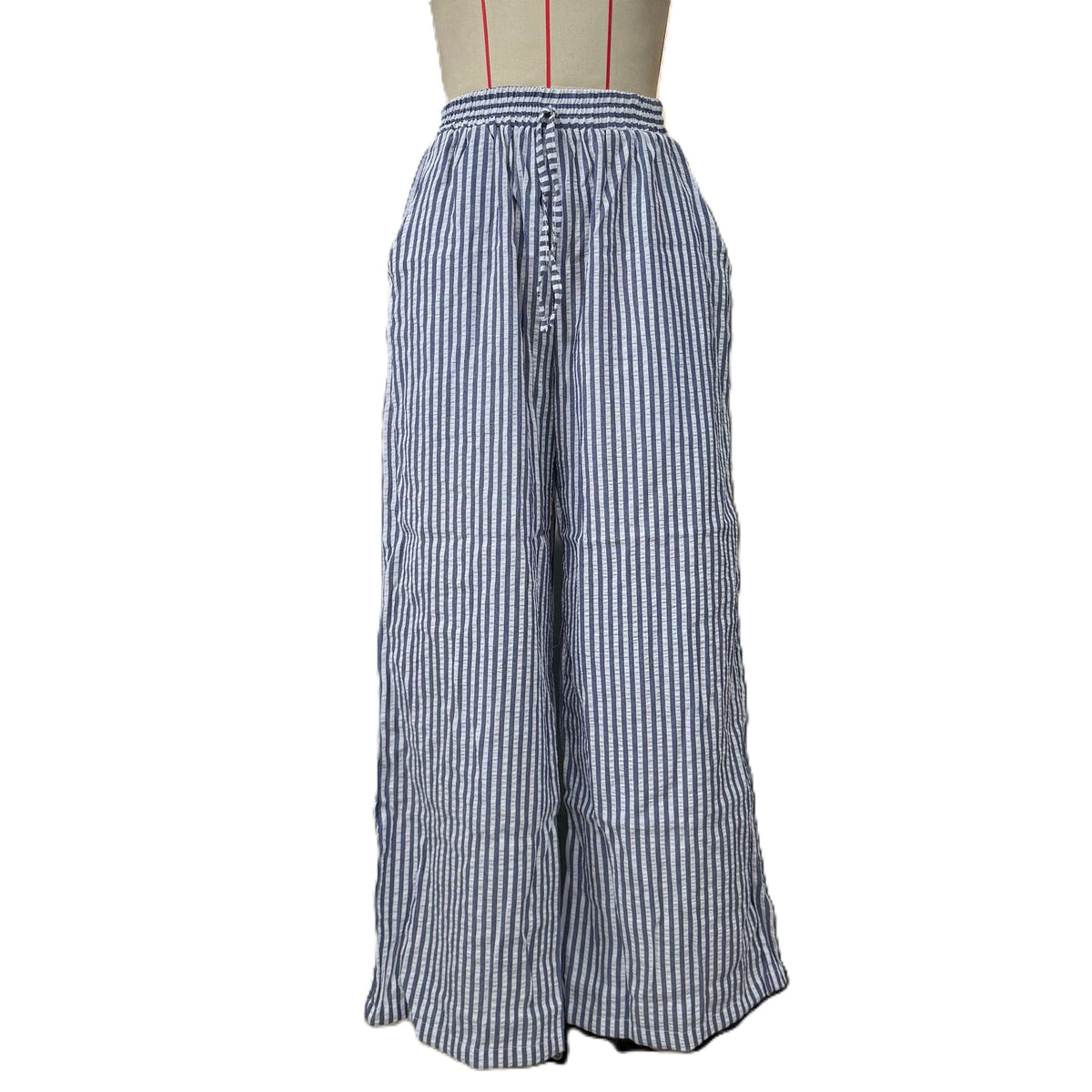 Striped Floral Drawstring Wide Leg Pants - Darkblue