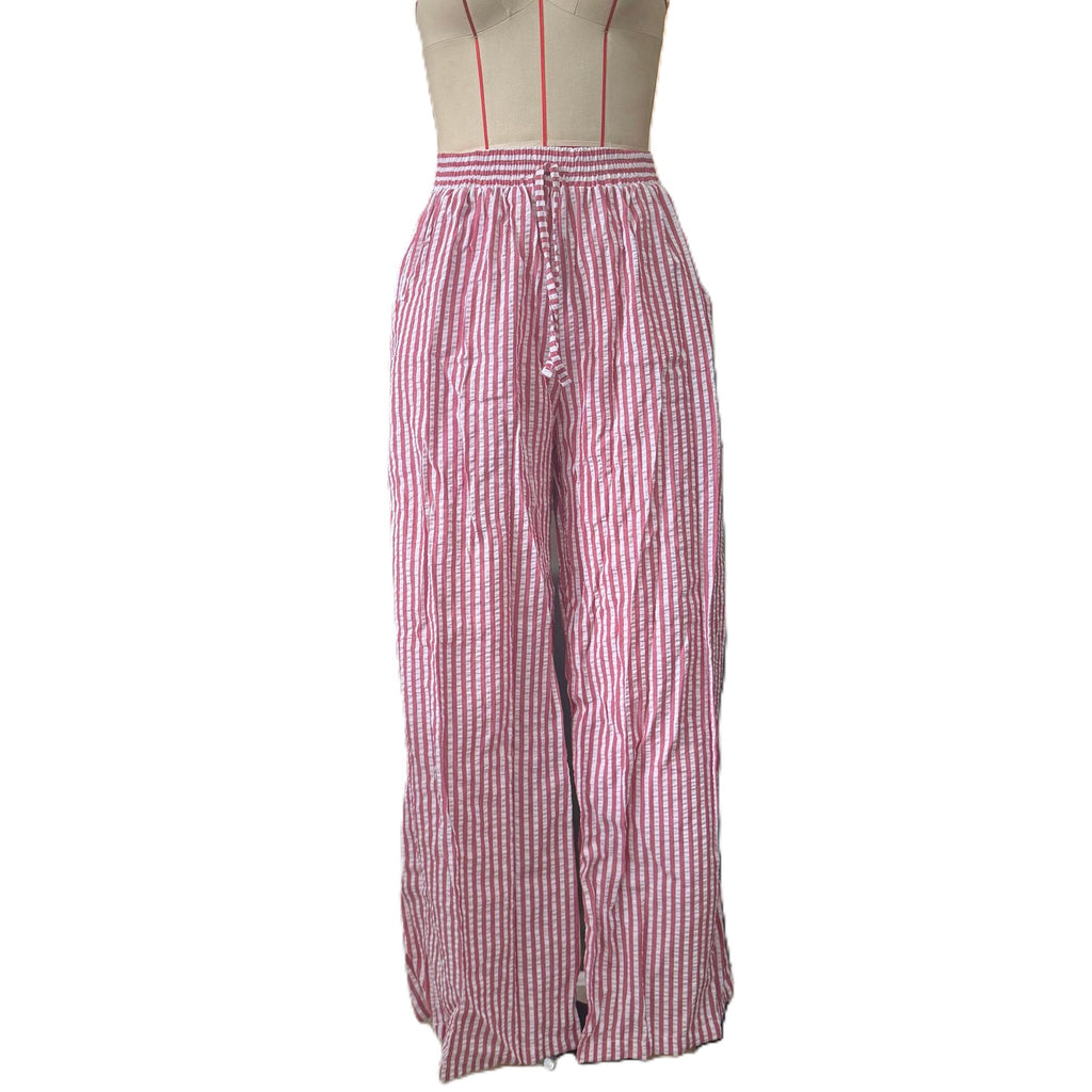 Striped Floral Drawstring Wide Leg Pants - Pink