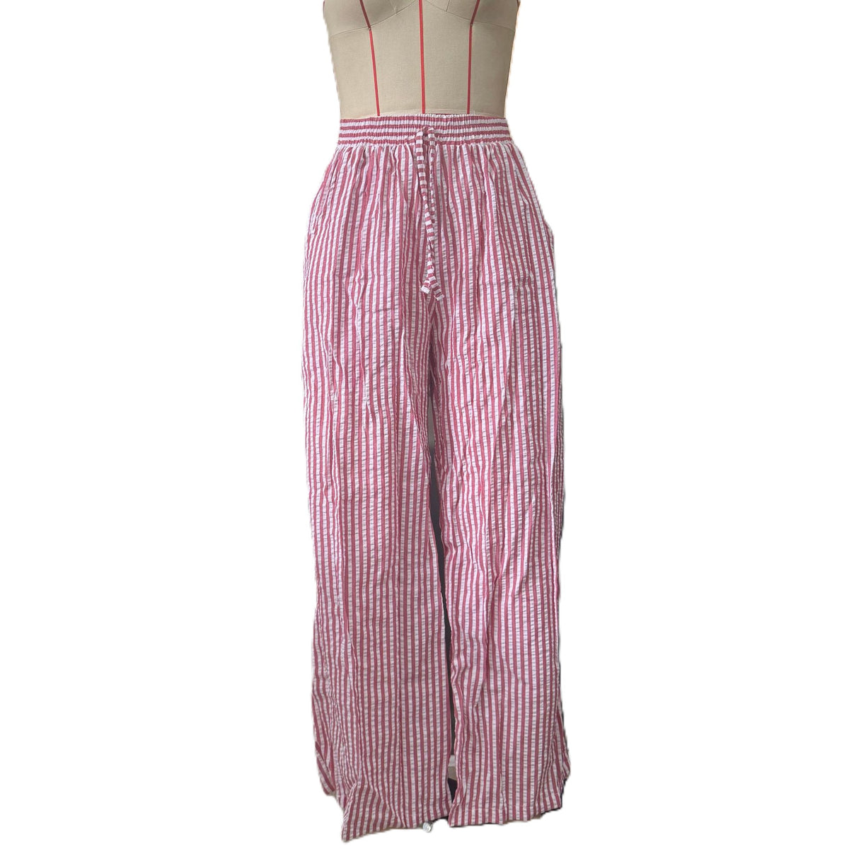 Striped Floral Drawstring Wide Leg Pants - Pink