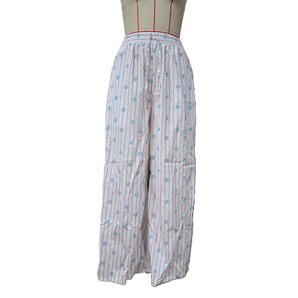 Striped Floral Drawstring Wide Leg Pants - PinkBlue