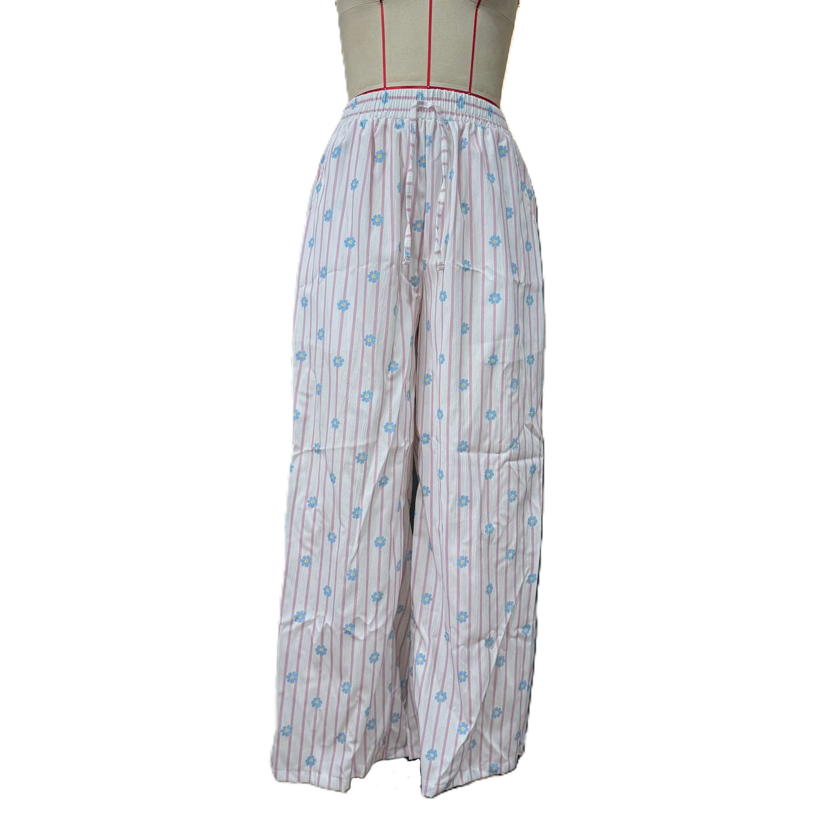 Striped Floral Drawstring Wide Leg Pants - PinkBlue