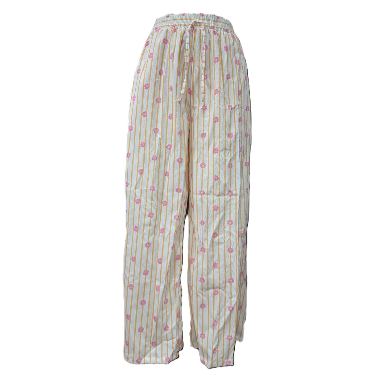 Striped Floral Drawstring Wide Leg Pants - Yellow