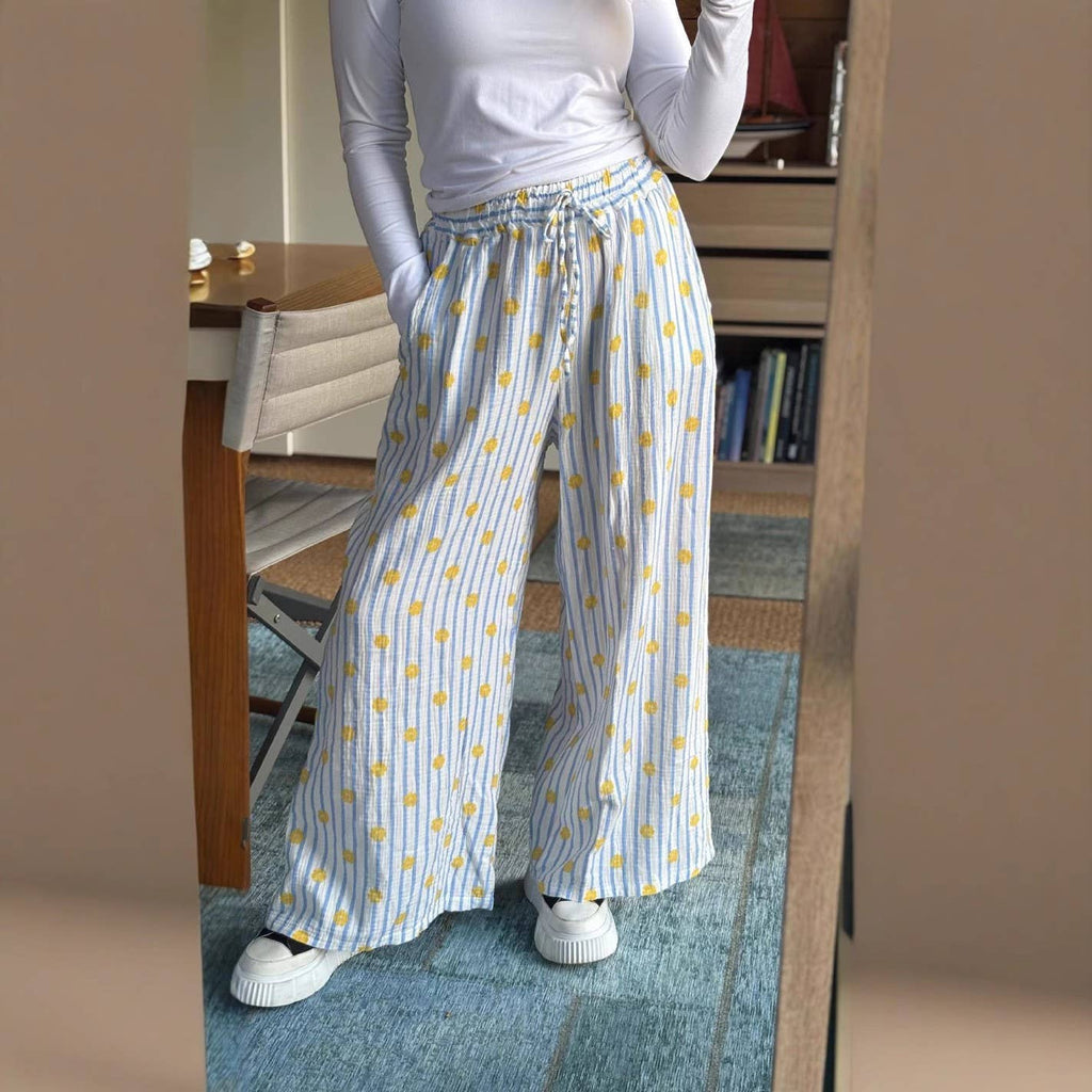Striped Floral Drawstring Wide Leg Pants