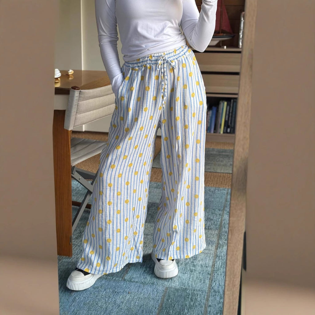 Striped Floral Drawstring Wide Leg Pants - view 1