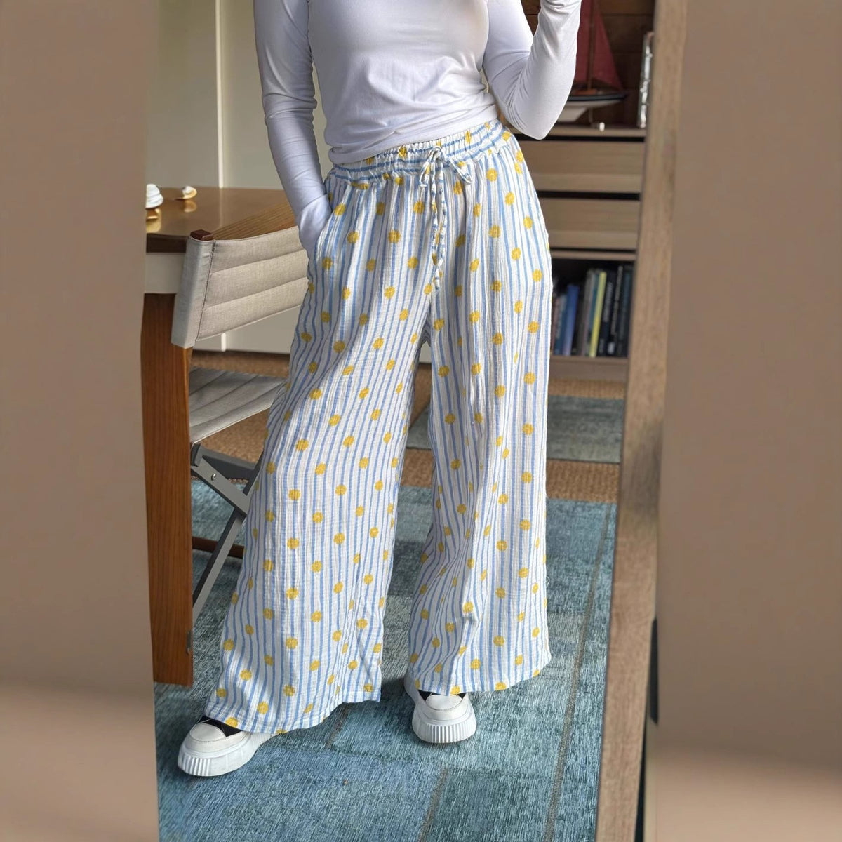 Striped Floral Drawstring Wide Leg Pants - view 1