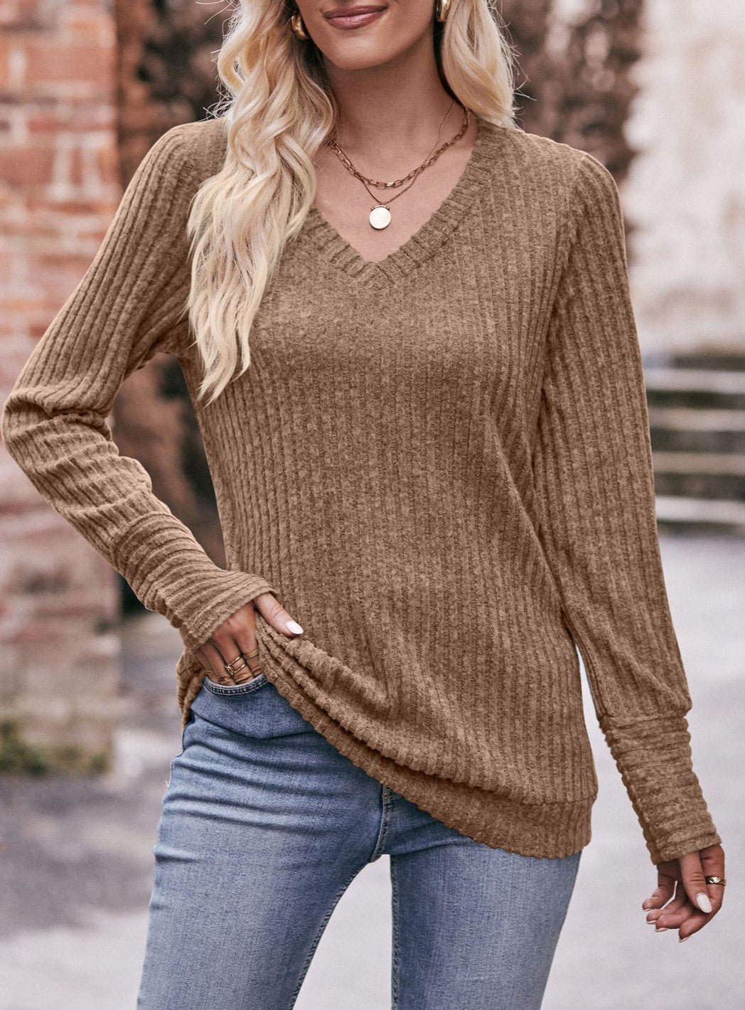Brushed Rib Knit V Neck Long Sleeve Top - Camel 