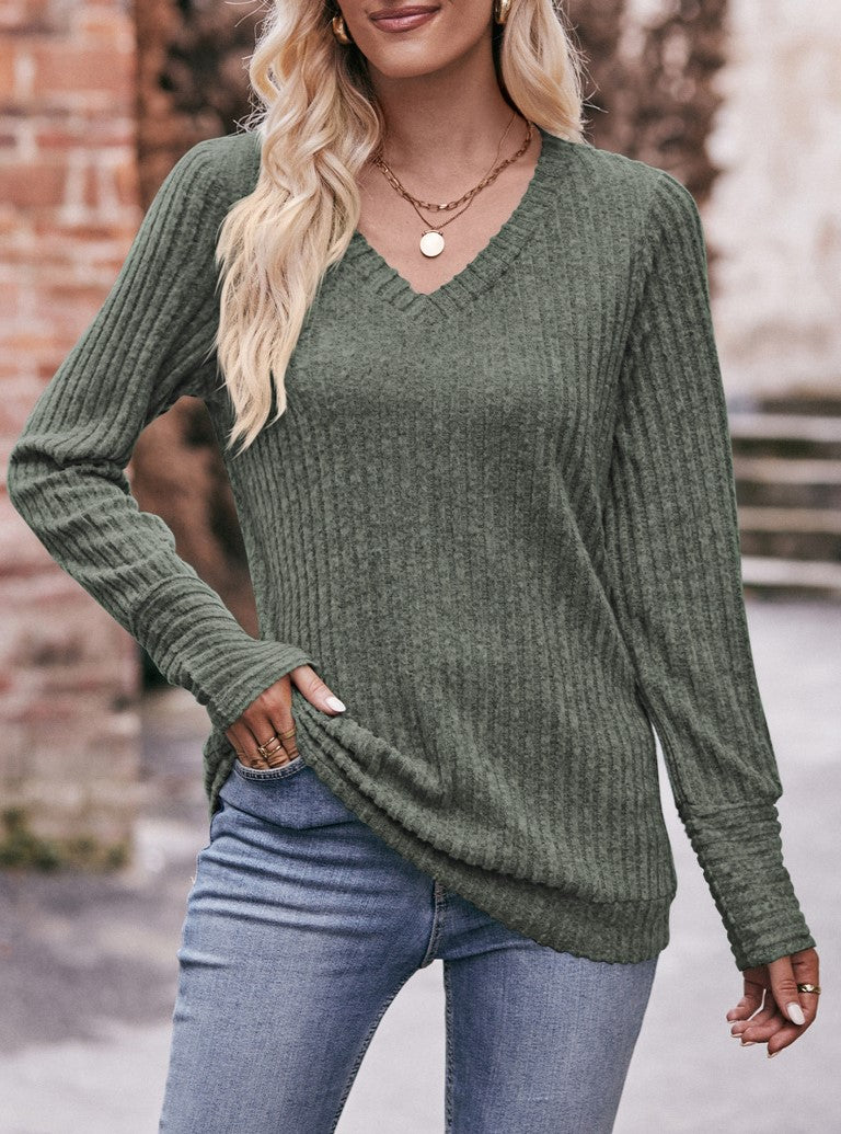 Brushed Rib Knit V Neck Long Sleeve Top - Green