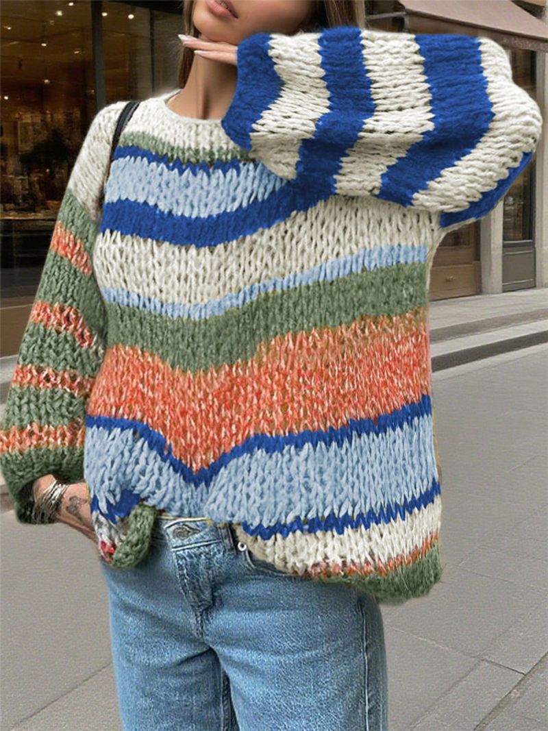Bold Stripe Chunky Oversized Knit Sweater - Blue