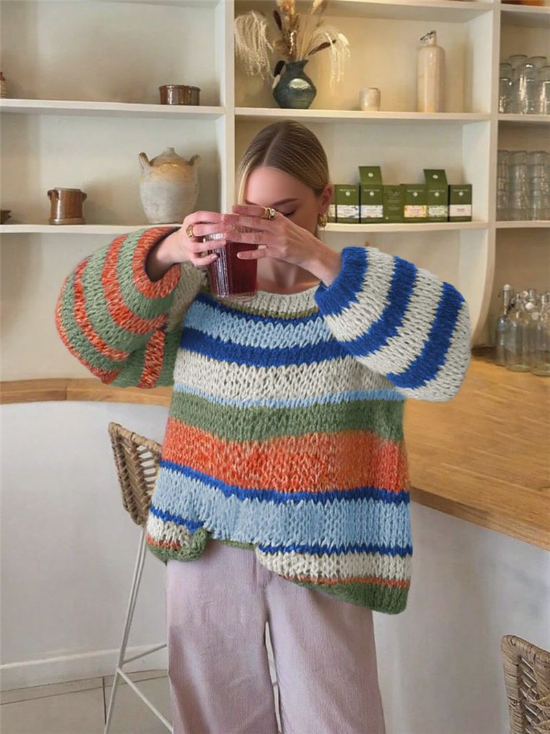 Bold Stripe Chunky Oversized Knit Sweater - Blue - 1