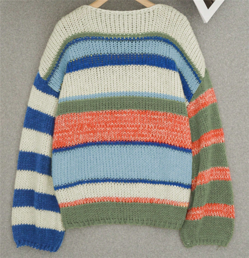 Bold Stripe Chunky Oversized Knit Sweater - Blue - 2