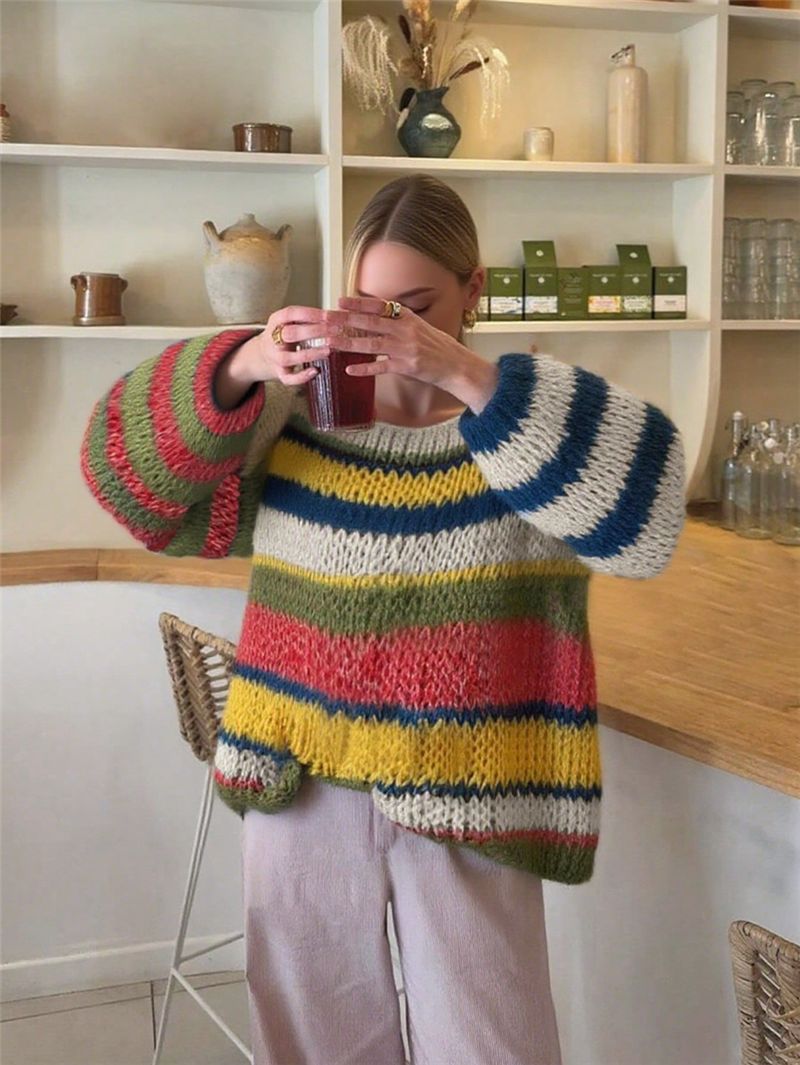 Bold Stripe Chunky Oversized Knit Sweater - Yellow - 1