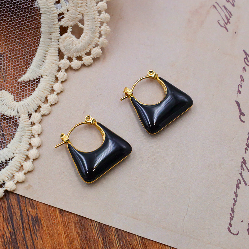 Mini Handbag Shaped Enamel Drop Earrings - Black - 1