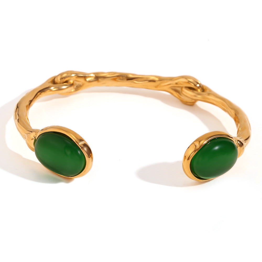 Oval Stone Hammered Open Cuff Bracelet - Green